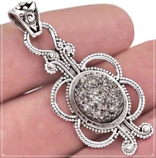 4.28 cts Natural Sunshine Druzy set in Solid .925 Sterling Silver Victorian Style Pendant