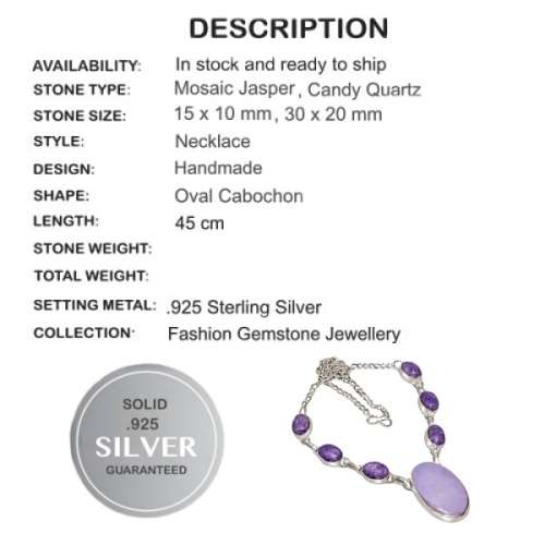 Lilac Mosaic Jasper and Candy Quartz set in 925 Sterling Silver Plated Handmade Necklace