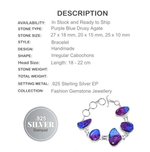 Enchanting Royal Blue Purple Druzy Agate set in .925 Sterling Silver Plated Handmade Bracelet