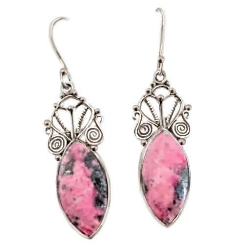 22 cts Natural Rhodonite in Black Manganese Gemstone Solid .925 Silver Earrings