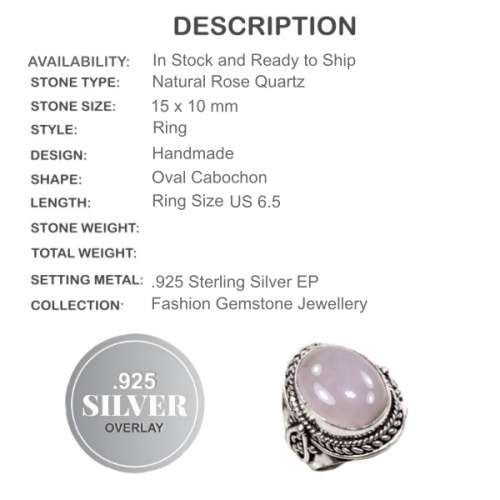Handmade Natural Rose Quartz Gemstone .925 Sterling Silver Ring Size  6.5 OR N