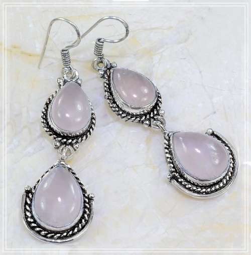 Natural Pink Rose Quartz Pear Gemstones .925 Sterling Silver Plated Drop Dangle Earrings