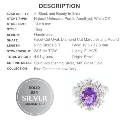 Brazilian AAA Natural Purple Amethyst, White Cz Solid .925 Sterling Silver Ring Size US 7 or O