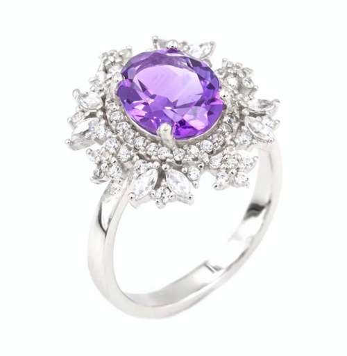 Brazilian AAA Natural Purple Amethyst, White Cz Solid .925 Sterling Silver Ring Size US 7 or O