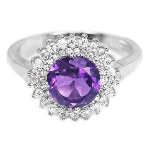 Natural Round Portuguese Cut Purple Amethyst,White Cz Solid .925 Silver Ring Size 8 or Q