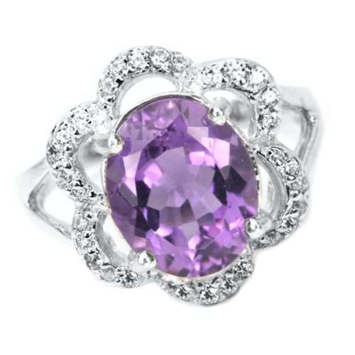 Deluxe AAA Natural Purple Amethyst, White CZ  Solid .925 Silver 14K W/Gold Ring Size 7.25 / O1/2