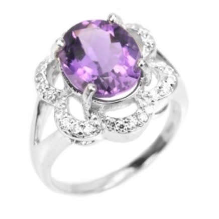 Deluxe AAA Natural Purple Amethyst, White CZ  Solid .925 Silver 14K W/Gold Ring Size 7.25 / O1/2