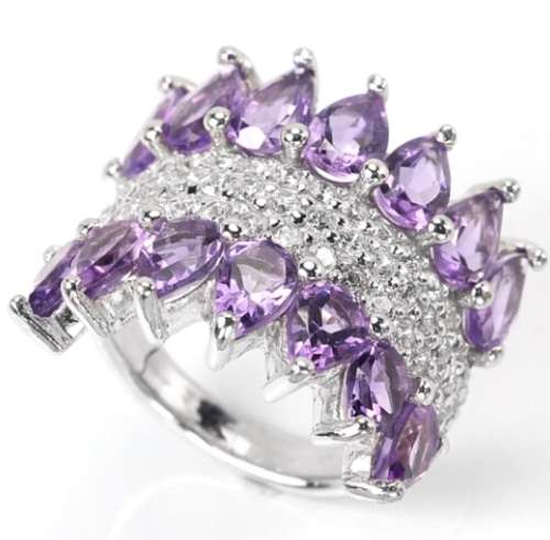 14 Brilliant Natural Purple Amethyst, AAA White CZ  in Solid .925 Silver Ring Size 5.75 or L1/2 -M