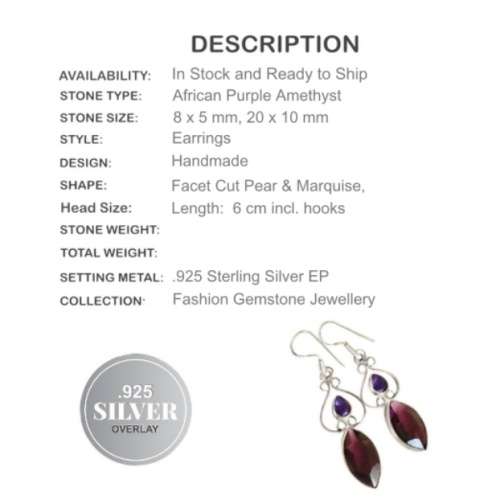 Handmade Purple Amethyst Marquise Gemstone .925 Sterling Silver Earrings