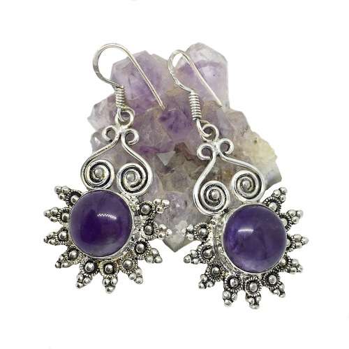 Indonesian Bali - Java Natural Purple Amethyst Gemstone .925  Sterling Silver Earrings