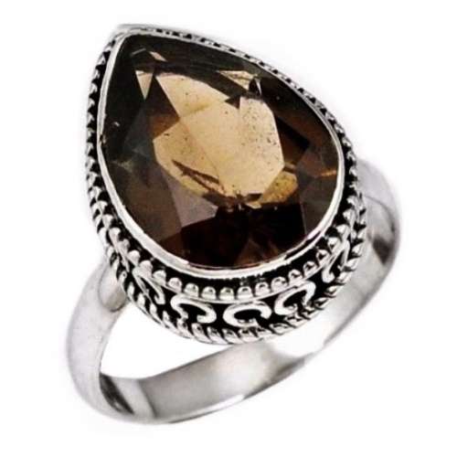 5.25 Cts Natural Smoky Topaz Pear Shape Gemstone set in Solid Sterling Silver Ring Size US 6.5