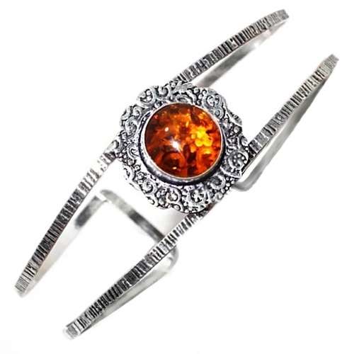 Round Pressed Amber set in Antique Style .925 Sterling Silver Plated Adjustable Cuff Bangle