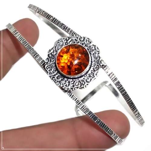 Round Pressed Amber set in Antique Style .925 Sterling Silver Plated Adjustable Cuff Bangle