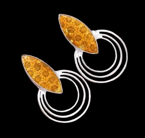 Natural Fossil Coral Set in Solid 925 Sterling Silver Earrings
