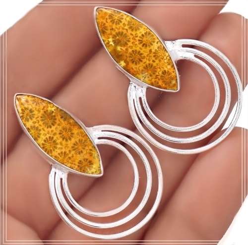 Natural Fossil Coral Set in Solid 925 Sterling Silver Earrings