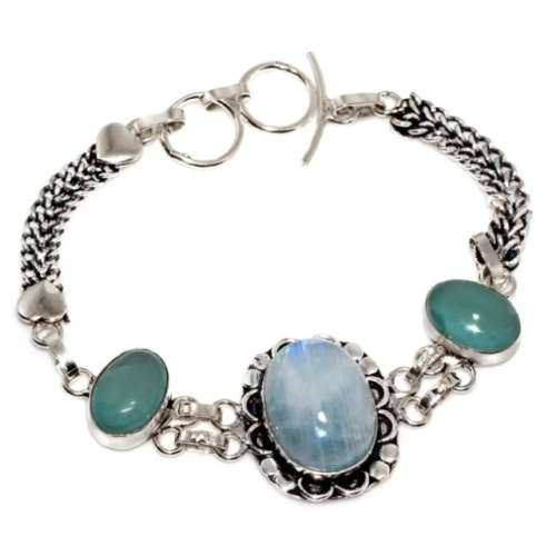 Natural Aquamarine and Moonstone Gemstone 925 Sterling Silver Bracelet