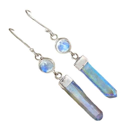 Natural Aqua Aura Quartz and Rainbow Moonstone Gemstone Solid .925 Sterling Silver Earrings