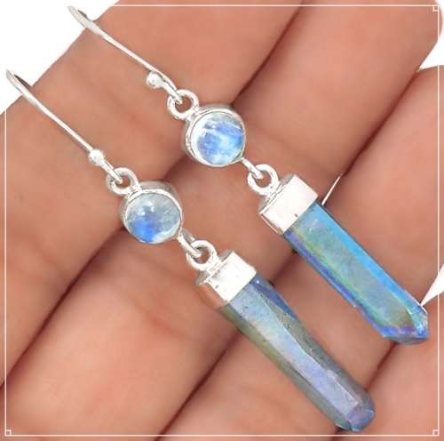 Natural Aqua Aura Quartz and Rainbow Moonstone Gemstone Solid .925 Sterling Silver Earrings