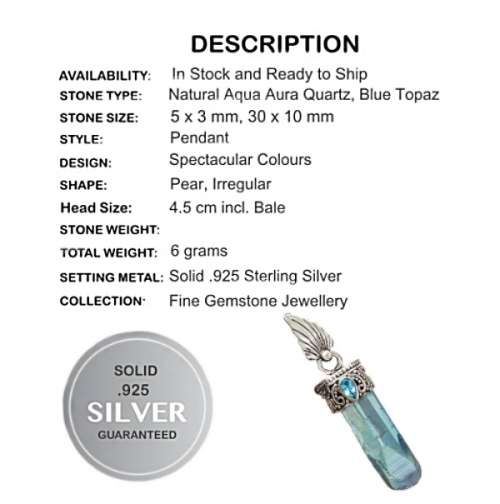 Spectacular Hues Aqua Aura Quartz and Blue Topaz Gemstone set in  Solid .925 Sterling Silver Pendant