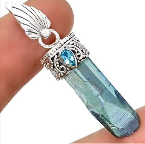 Spectacular Hues Aqua Aura Quartz and Blue Topaz Gemstone set in  Solid .925 Sterling Silver Pendant