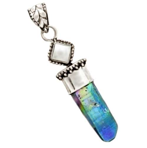 Natural Aqua Aura Quartz and Pearl Gemstone set in Solid .925 Sterling Silver Dainty Pendant