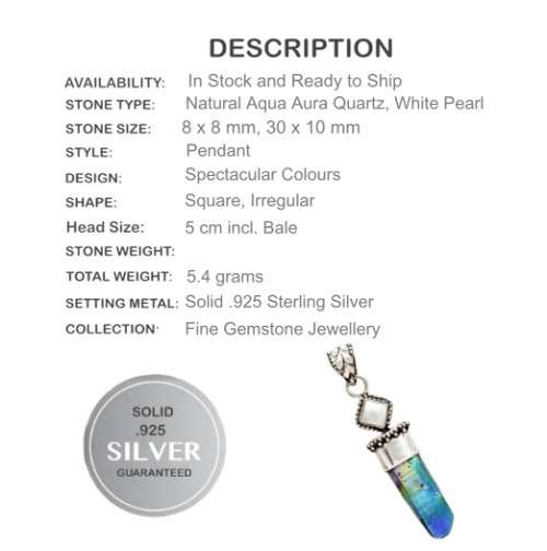Natural Aqua Aura Quartz and Pearl Gemstone set in Solid .925 Sterling Silver Dainty Pendant