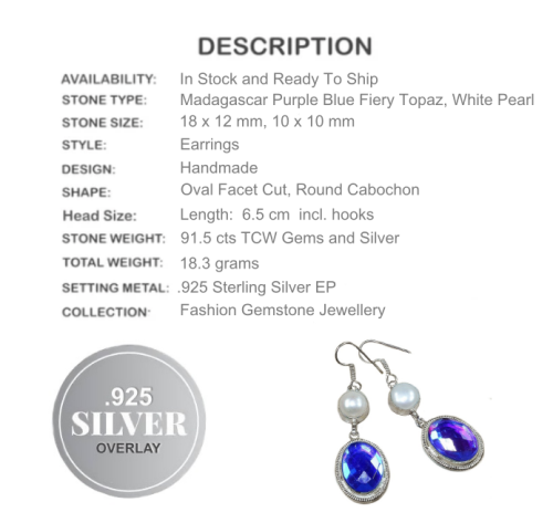 Handmade Madagascar Blue /Purple Fire Topaz and Pearl .925 Sterling Silver Plated Earrings