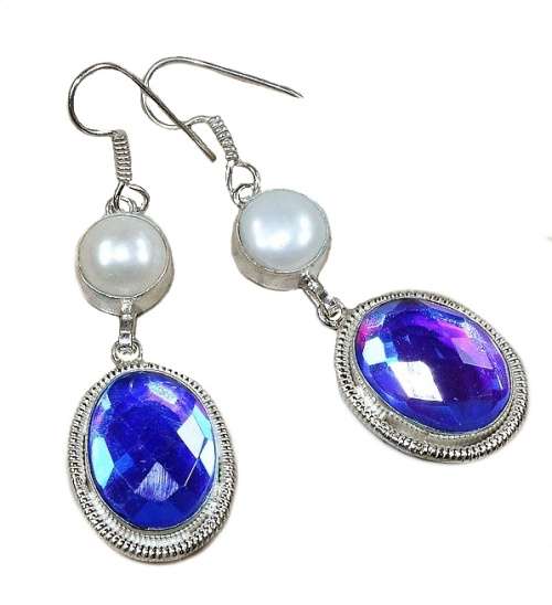Handmade Madagascar Blue /Purple Fire Topaz and Pearl .925 Sterling Silver Plated Earrings