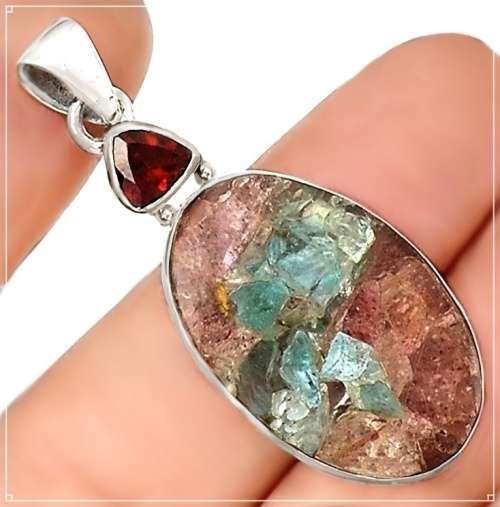 Limited Edition Natural Aquamarine in Sunstone Garnet set in Solid .925 Sterling Silver Pendant