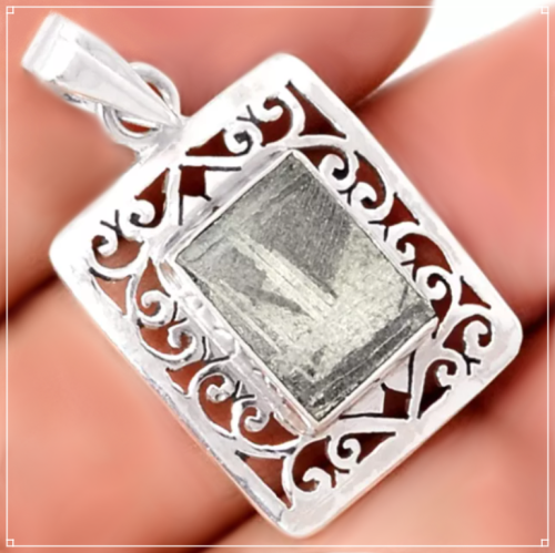 Rare Gibeon Meteorite Rectangle set in Solid .925 Solid Sterling Silver with Scroll Border Pendant
