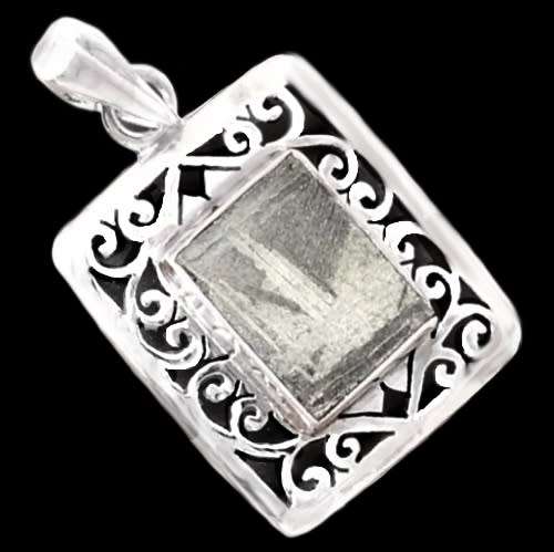 Rare Gibeon Meteorite Rectangle set in Solid .925 Solid Sterling Silver with Scroll Border Pendant