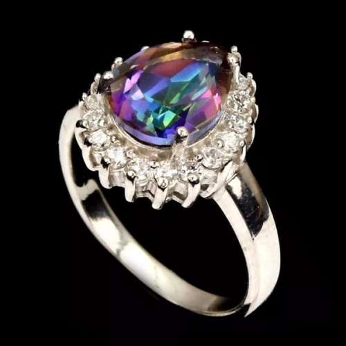 21.12 cts Rainbow Topaz, White Cubic Zirconia In Solid .925 Sterling Silver, 14K White Gold Ring Siz