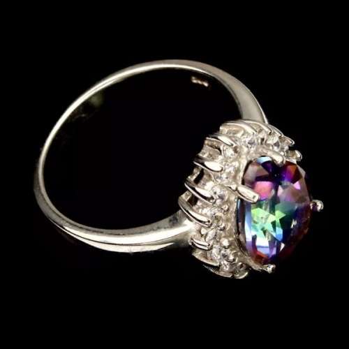 21.12 cts Rainbow Topaz, White Cubic Zirconia In Solid .925 Sterling Silver, 14K White Gold Ring Siz