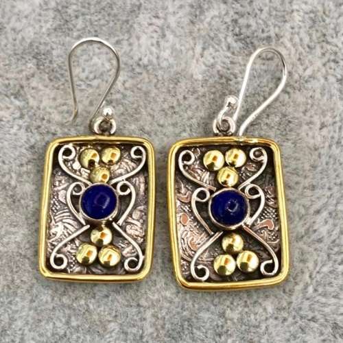 Victorian Genuine Lapis Lazuli Two Tone in  Solid .925 Sterling Silver Earriings