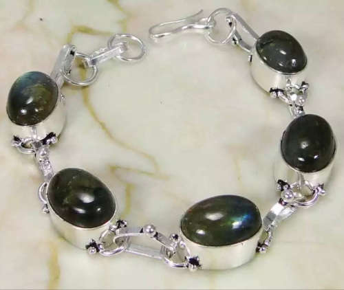 Natural Fiery Labradorite Oval Gemstones in .925 Sterling Silver Plated Handmade Bracelet