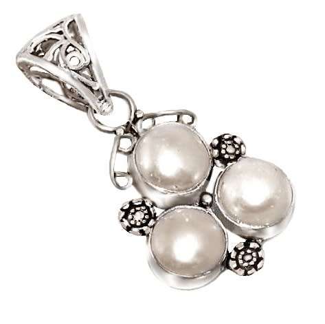 Creamy White Biwa Pearl set in. 925 Sterling Silver Plated Antique Style Pendant