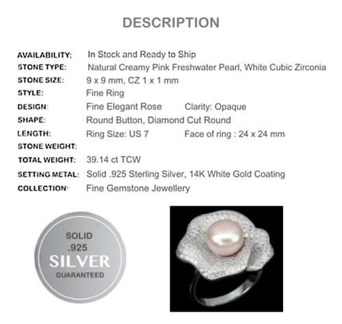 Deluxe Rose Natural Freshwater Creamy Pink Pearl, White Cubic Zirconia .925 Silver Size 7 or O