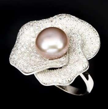 Deluxe Rose Natural Freshwater Creamy Pink Pearl, White Cubic Zirconia .925 Silver Size 7 or O