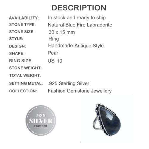 Natural Blue Fire Labradorite Gemstone .925 Sterling Silver Ring Size 10 / T