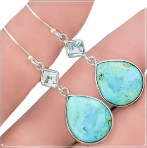 Natural Blue Mohave Turquoise, Blue Topaz Gemstone Solid .925 Sterling Silver Earrings
