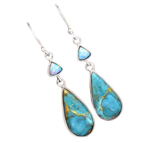 Natural Copper Turquoise, Fire opal Gemstone .925 Sterling Silver Earrings