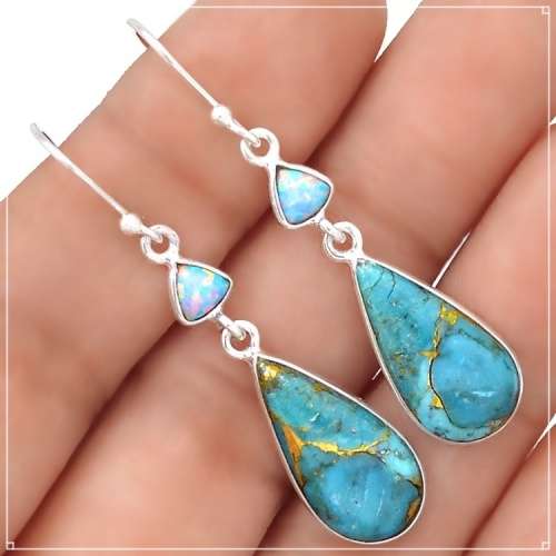 Natural Copper Turquoise, Fire opal Gemstone .925 Sterling Silver Earrings