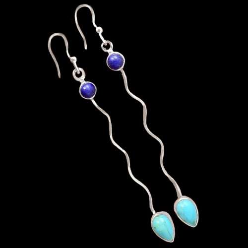 Natural Sleeping Beauty Turquoise, Lapis Lazuli  Gemstone .925 Sterling Silver Earrings