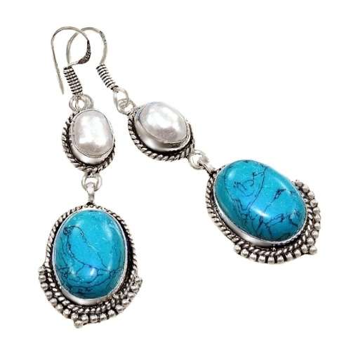 Spiderweb Matrix Turquoise, Pearl Gemstone . 925 Silver Earrings