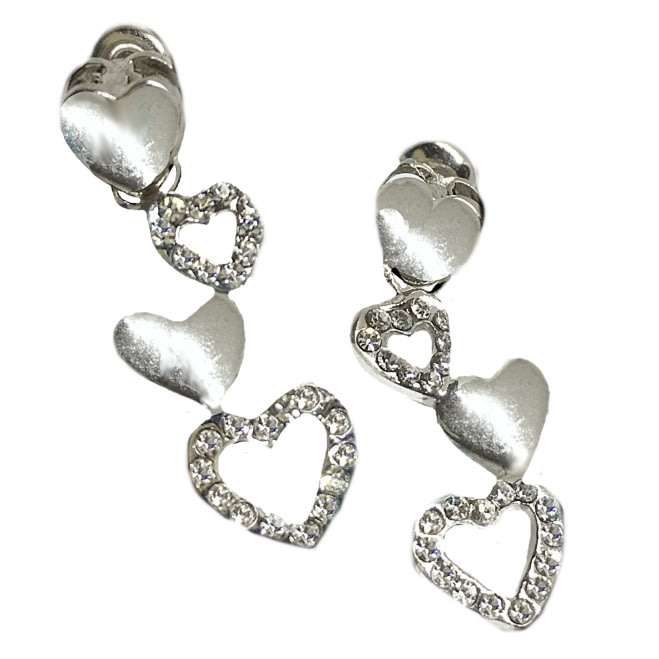 Long Dangle Heart Shapes White Cubic Zirconia Silver Plated Stud Earrings