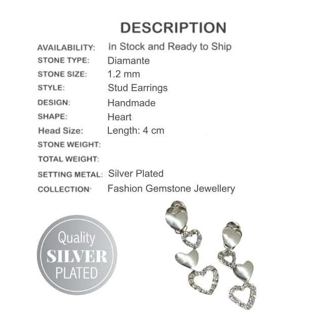 Long Dangle Heart Shapes White Cubic Zirconia Silver Plated Stud Earrings