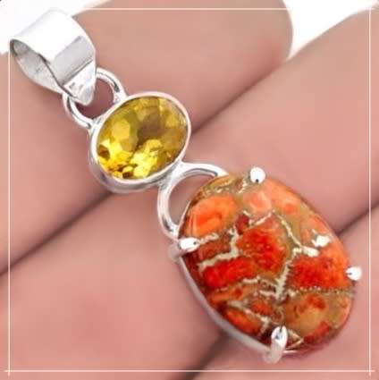 Exquisite 11.04 Cts Copper Turquoise, Citrine - Solid .925 Sterling Silver Pendant