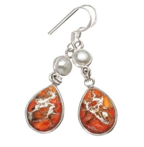 Natural Red Copper Turquoise and Pearl set in Solid .925 Sterling Silver Earrings