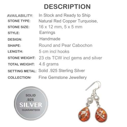 Natural Red Copper Turquoise and Pearl set in Solid .925 Sterling Silver Earrings
