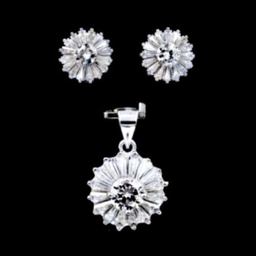 White Cubic Zirconia Tapered Baguettes set in Solid .925 Sterling Silver Pendant and Earrings Set